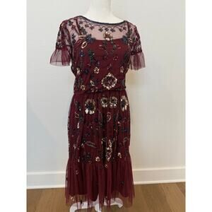 Gianni Bini Maroon/Burgundy Floral Sequin Knee Length‎ Dress Sheer Overlay 6